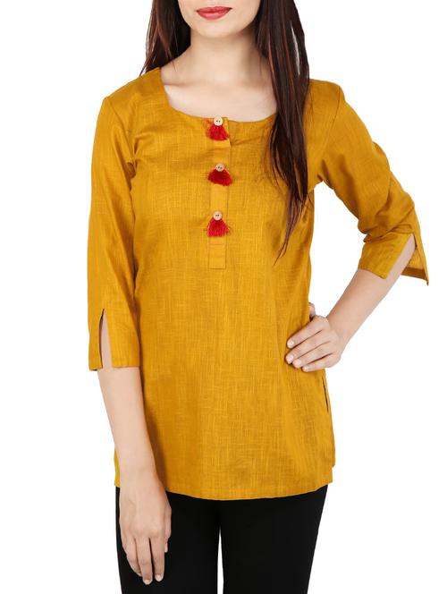 mustard cotton straight kurta - 14225058 - Very Small Image - 1
