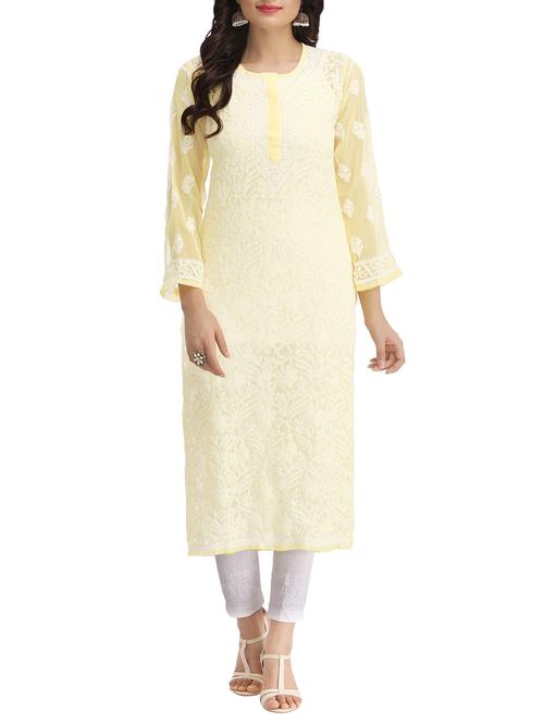 ada yellow faux georgette chikankari kurta - 14225220 - Very Small Image - 1