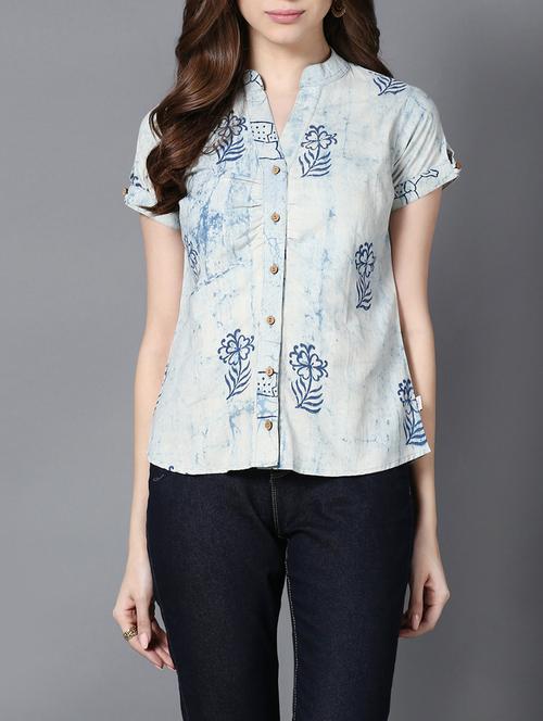 mandarin neck block print shirt  - 14228550 - Very Small Image - 1