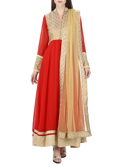red georgette semistitched suit - 14229044 - Very Small Image - 1