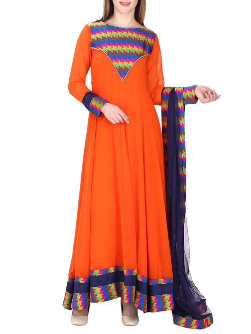 orange georgette semistitched suit - 14229045 - Very Small Image - 1