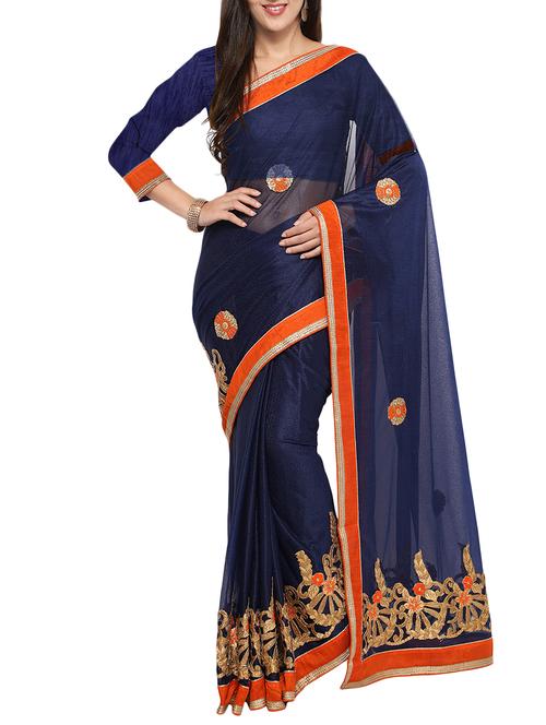 navy blue lycra embroidered saree with blouse - 14232308 - Very Small Image - 1