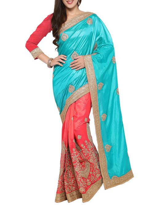 turquoise art silk embroidered half & half saree with blouse - 14232321 - Very Small Image - 1