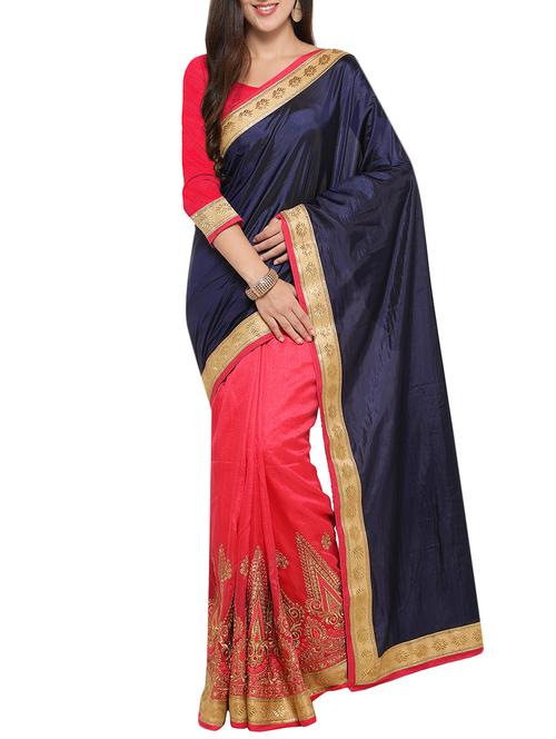 navy blue art silk embroidered half & half saree with blouse - 14232325 - Very Small Image - 1