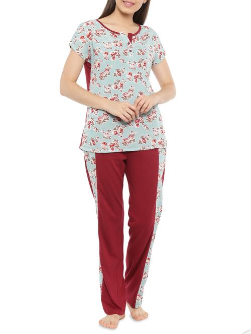 light blue floral printed cotton pyjama set - 14234768 - Very Small Image - 1