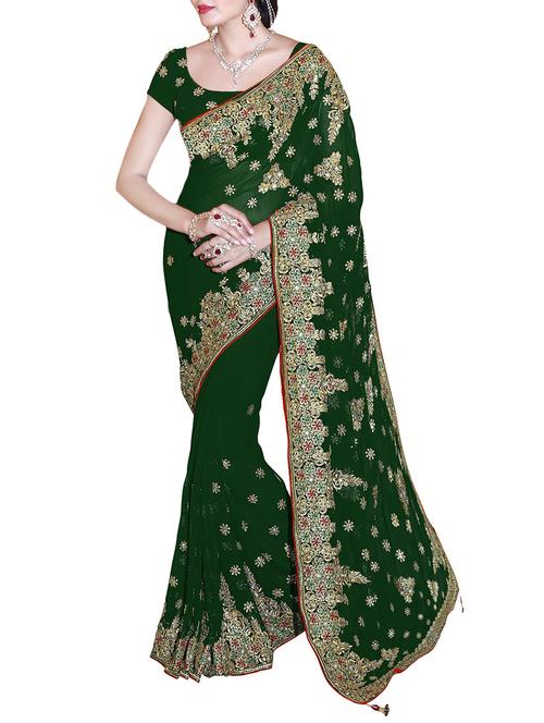 green georgette embroidered saree with blouse - 14234827 - Very Small Image - 1