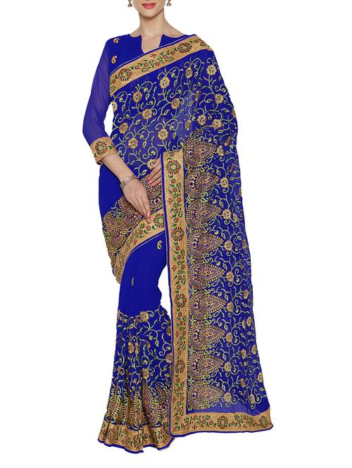 blue embroidered georgette saree with blouse - 14235344 - Very Small Image - 1