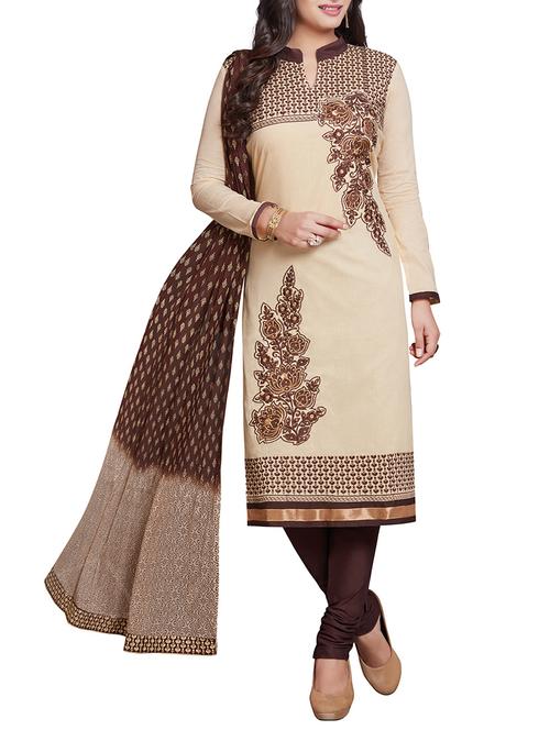 beige embroidered unstitched churidaar suit - 14235515 - Very Small Image - 1