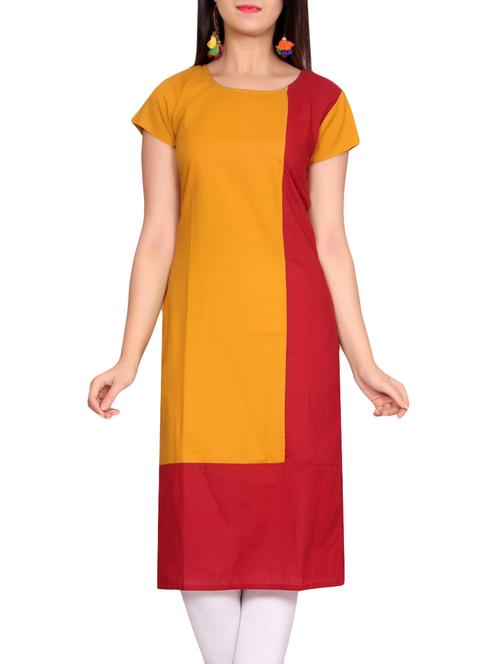 maroon, yellow cotton straight kurta - 14240966 - Very Small Image - 1