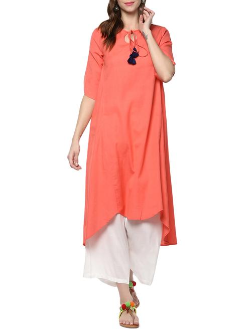 orange cotton high low kurta - 14246117 - Very Small Image - 1