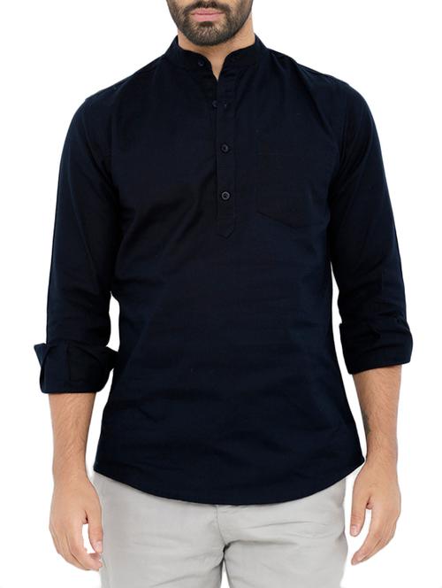 navy blue linen short kurta - 14247979 - Very Small Image - 1