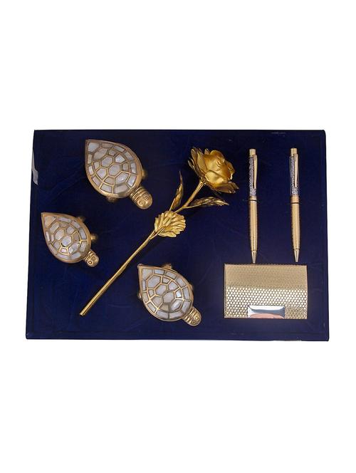 jewel fuel 24k gold rose, gold plated visiting card holder, 3 feng-shui tortoise and 2 crystal filled gold plated pen gift set - 14247998 - Very Small Image - 1