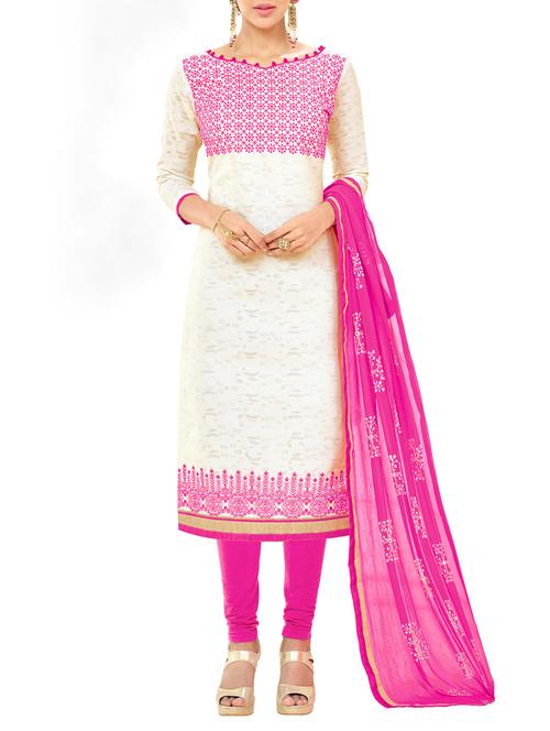 white poly cotton embroidered un-stitched dress material - 14248427 - Very Small Image - 1