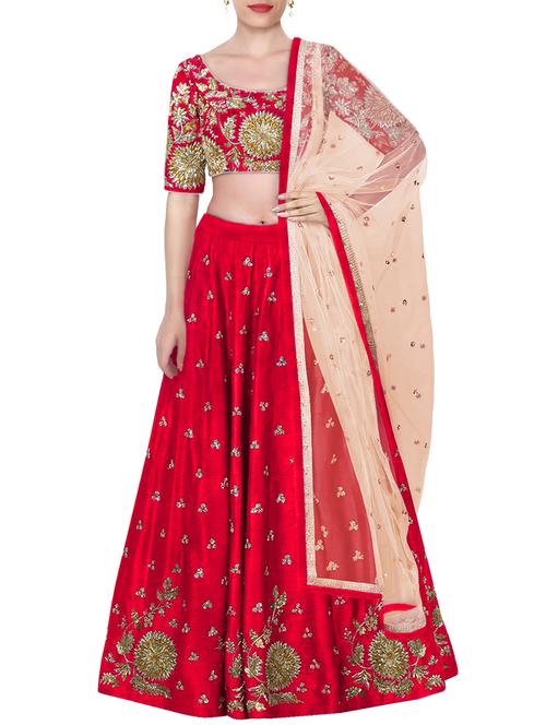red raw silk embroidered flared lehenga - 14249809 - Very Small Image - 1
