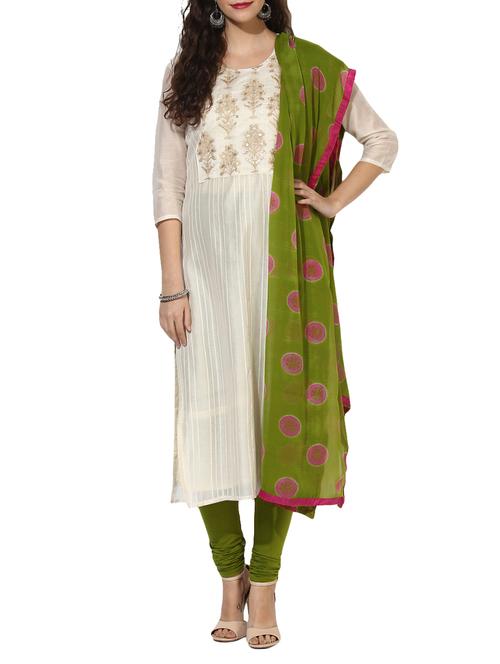 white cotton blend embroidered semi-stitched suit - 14252204 - Very Small Image - 1