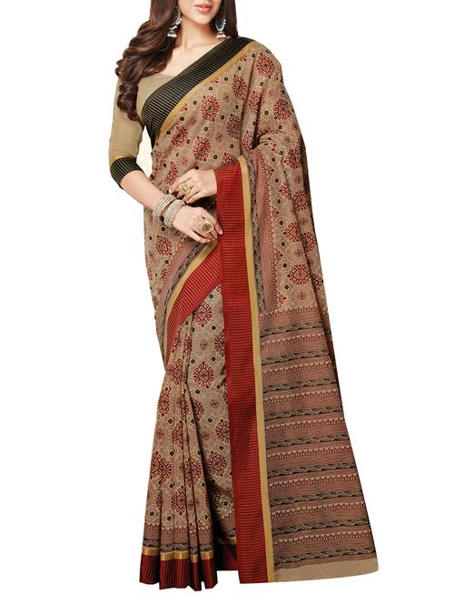 brown cotton printed saree with blouse - 14256682 - Very Small Image - 1