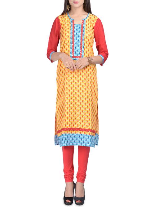 yellow cotton straight kurta - 14259972 - Very Small Image - 1