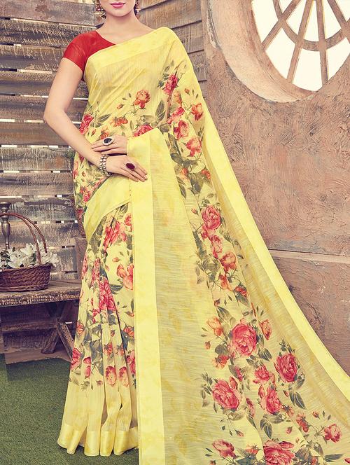 yellow cotton blend printed saree with blouse - 14259989 - Very Small Image - 1