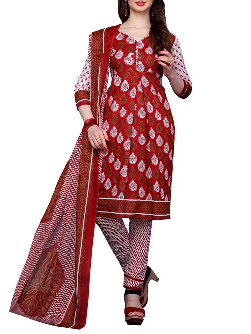red cotton unstitched churidaar suit dress material - 14260550 - Very Small Image - 1