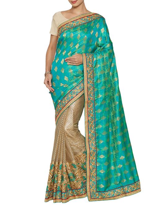 green & beige half and half saree with blouse - 14264918 - Very Small Image - 1