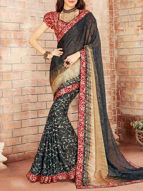 black chiffon printed saree with blouse - 14268194 - Very Small Image - 1