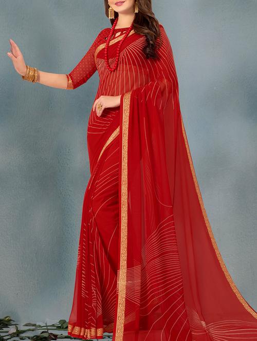 red georgette printed saree with blouse - 14268254 - Very Small Image - 1