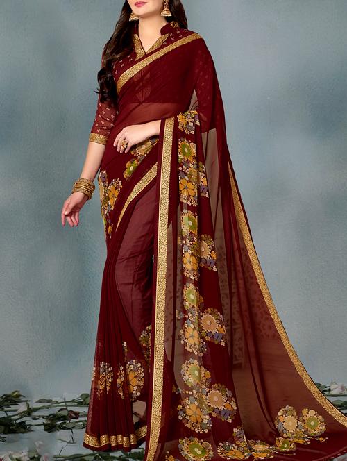 brown georgette printed saree with blouse - 14268255 - Very Small Image - 1