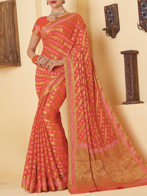 orange chiffon woven saree with blouse - 14314758 - Very Small Image - 1