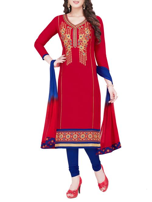 red embroidered unstitched churidaar suit - 14315397 - Very Small Image - 1