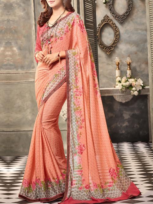 peach georgette printed saree with blouse - 14315975 - Very Small Image - 1