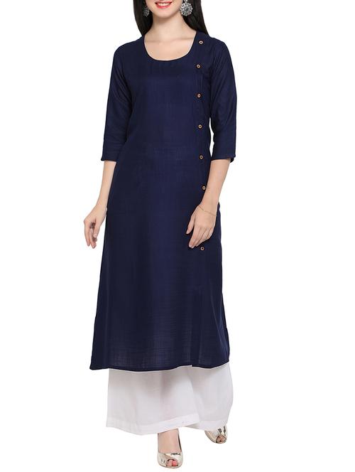 navy blue cotton straight solid kurta - 14318007 - Very Small Image - 1