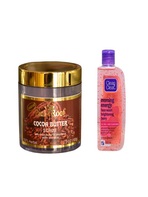 pink root cocoa butter scrub with clean & clear morning energy face wash brightening berry  - 14320375 - Very Small Image - 1