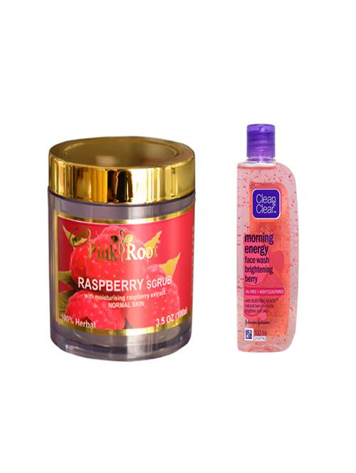 pink root raspberry scrub with clean & clear morning energy face wash brightening berry  - 14320386 - Very Small Image - 1