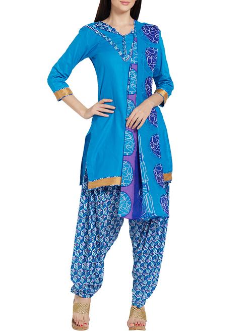 blue cotton patiyala suits unstitched suit - 14331455 - Very Small Image - 1