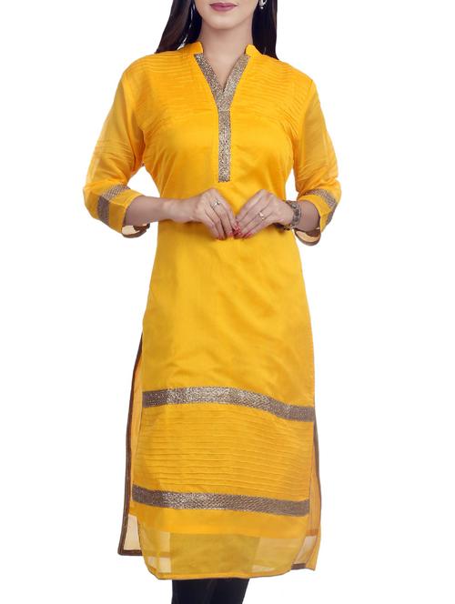 yellow chanderi straight kurta - 14331961 - Very Small Image - 1
