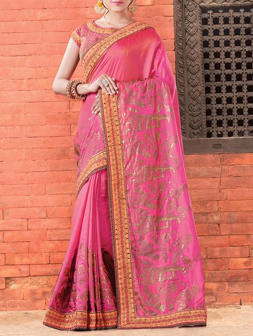 pink embroidered bordered silk printed saree with blouse - 14341446 - Very Small Image - 1