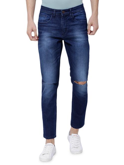navy blue cotton blend washed jeans - 14342645 - Very Small Image - 1