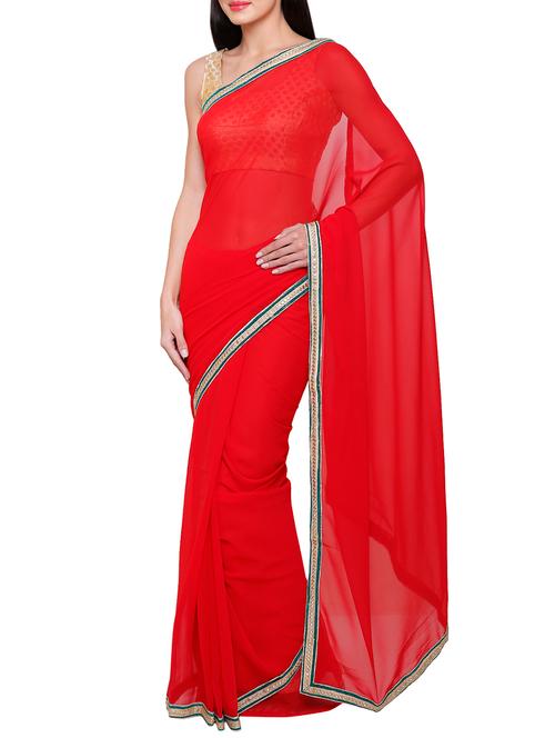 red georgette  saree with blouse - 14343395 - Very Small Image - 1
