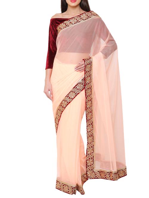 beige net bordered saree with blouse - 14343529 - Very Small Image - 1