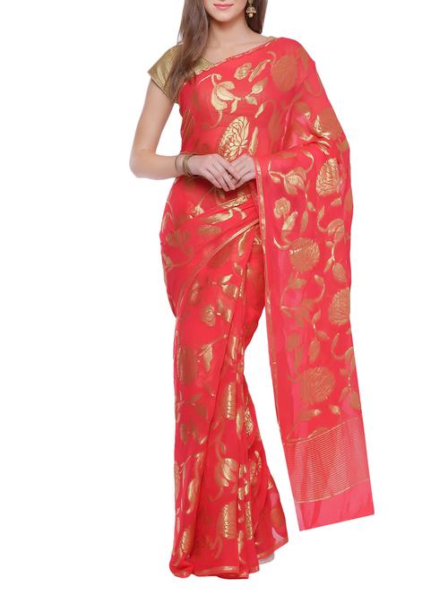 pink georgette woven saree with blouse - 14343534 - Very Small Image - 1