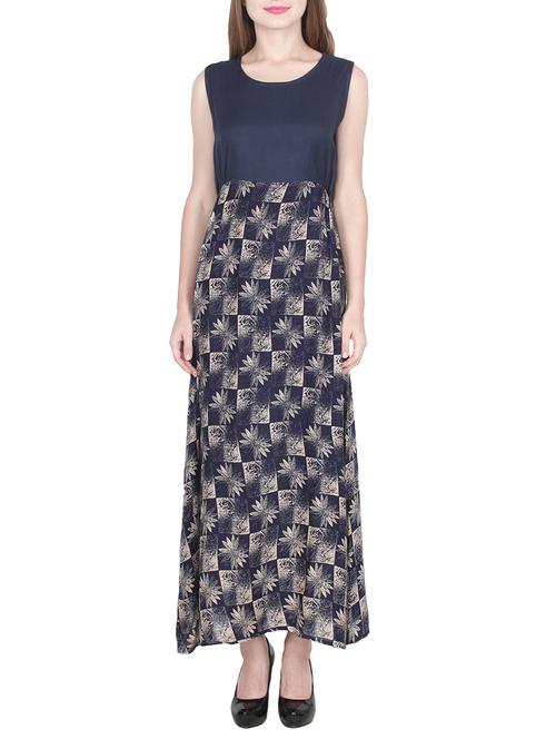 navy blue printed rayon maxi dress - 14343680 - Very Small Image - 1