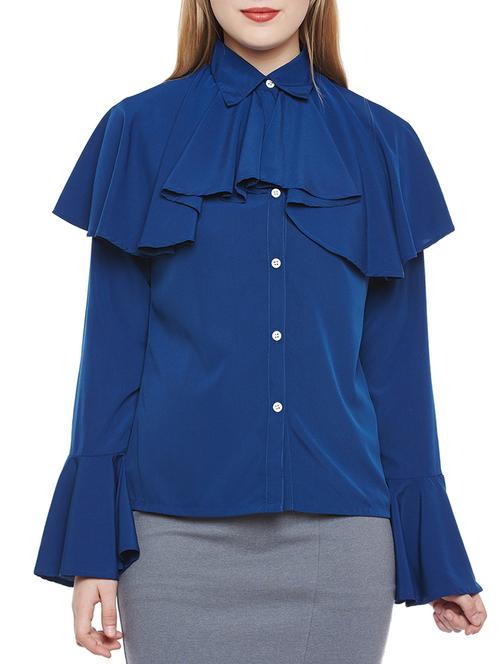 navy blue ruffle casual shirt - 14344338 - Very Small Image - 1