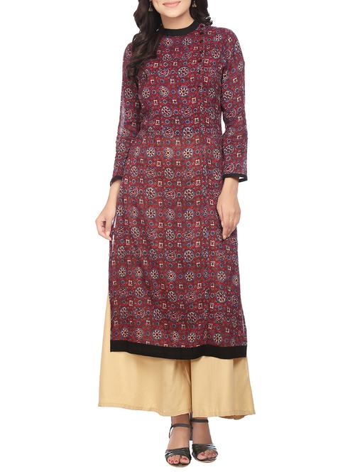 maroon rayon straight kurta - 14347151 - Very Small Image - 1