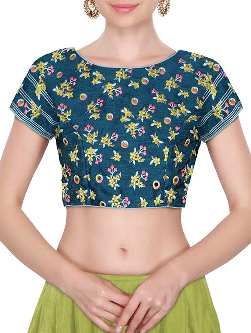 blue raw silk embroidered blouse - 14351707 - Very Small Image - 1