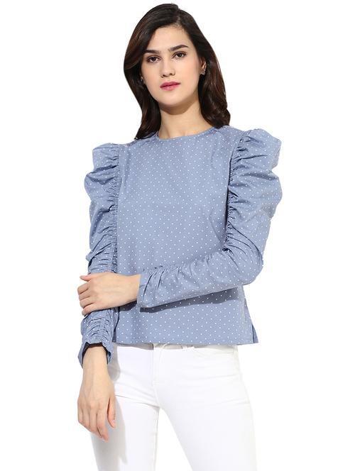 blue polka dots printed cotton regular top - 14354721 - Very Small Image - 1