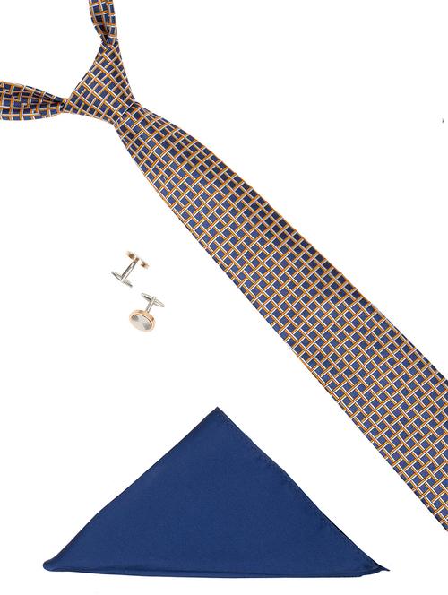 blue woven silk tie, pocket square and a pair of cufflinks - 14355349 - Very Small Image - 1