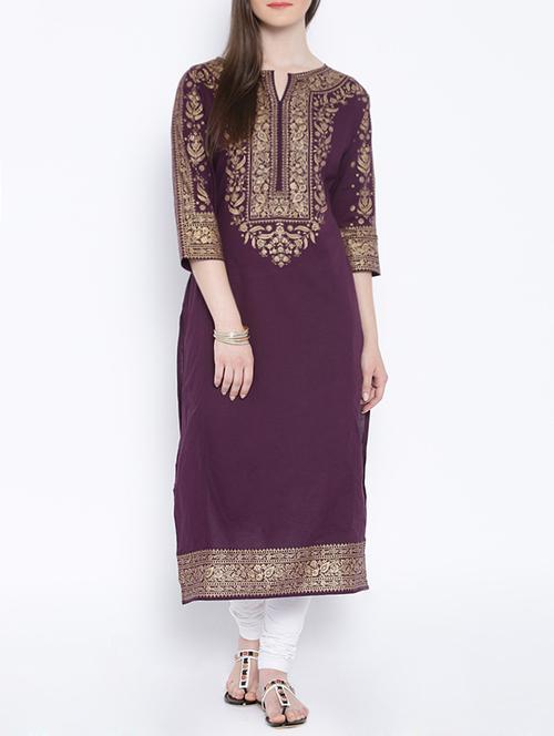 purple cotton straight kurta - 14355373 - Very Small Image - 1