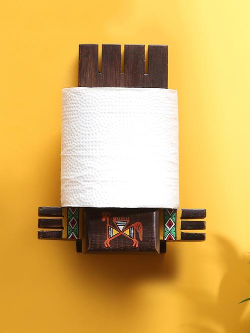 exclusivelane 'vibrantly warli' cross joint hand-painted tissue roll holder in teak wood - 14358829 - Very Small Image - 1