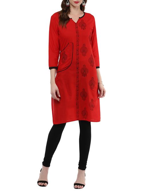 red cotton straight kurta - 14371190 - Very Small Image - 1
