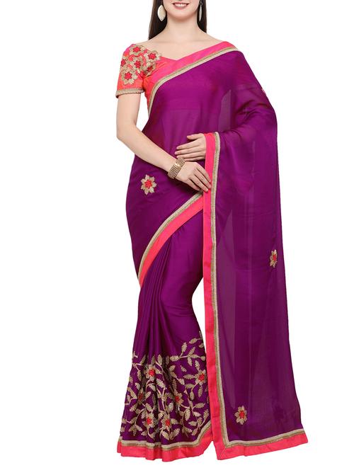 purple embroidered silk blend saree with blouse - 14383578 - Very Small Image - 1